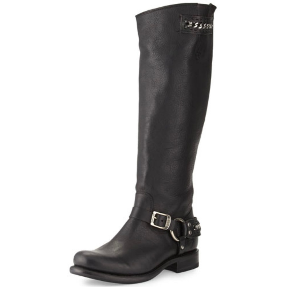 Frye Jenna Chain tall black leather boots.